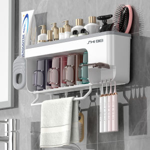 Wall Mounted Toothbrush Holder with Cup Multifunctional Storage Rack for Toothbrush Toothpaste Hanging Towel Bathroom Organizers