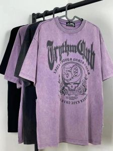 American Street Washed Old Skull Print Short Sleeve T-Shirt Womens Summer Loose Shoulder Vintage Couple Wear Tops