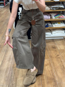 Quần Ống Rộng Màu Xanh Quân Đội Mỹ Cho Nữ Cỡ Lớn Quần Thường Ngày Mùa Thu Thiết Kế Thon Gọn Quần Jeans Cạp Cao Có Túi