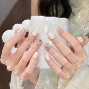 Handmade Short Square round Pink Nail Stickers Original Color Sugar Cube Design Premium Feeling White Enhancing Nail Art