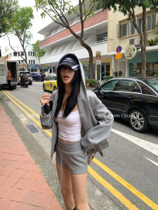 เสื้อสเวตเตอร์สั้นสีเทา สไตล์อเมริกัน ชุดกีฬา ชุดกันหนาว ฤดูใบไม้ร่วง ใหม่ ลำลอง กางเกงขาสั้น เสื้อผ้าผู้หญิง SUNONEONE