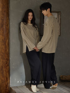 Striped Cotton Chest Pad Integrated Long Sleeve Trousers Sleepwear Set