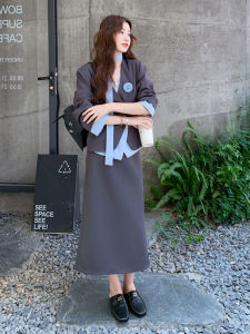Gray Elegant Suit Set Dress Womens 2025 Autumn New Retro High-End Feeling Half Skirt Two-Piece Set Fashionable Casual Wear