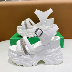 Fashionable Diamond Embellished High Heel Sandals Womens Summer Thick Platform Pumps Increased Height Slip-On Casual Shoes