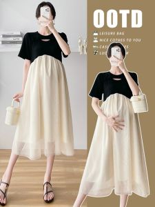 Váy Mùa Hè Cỡ Lớn Thời Trang Tay Ngắn Lưới Ghép Nối Hai Mảnh Giả Váy Dài Thường Ngày Mùa Hè Váy Bầu Cua Nekatu Phong Cách Hàn Quốc