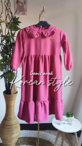 Dress anak perempuan polos remple kerah 3 sampai 12 tahun crinkle airflow/ Gamis anak korean style crinkle