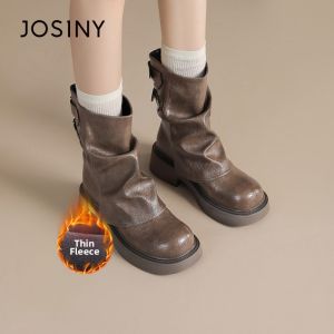 Josiny | Brown Fur-lined Stacked Short Boots Winter Thick Sole Style