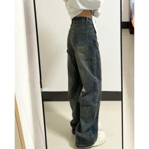 กางเกงยีนส์ขาตรงเอวสูง กางเกงขายาวทรงหลวม กางเกงขายาวทรงหลวมสำหรับผู้หญิง ฤดูใบไม้ผลิและฤดูร้อน สีเทา Conrete สไตล์ลำลอง