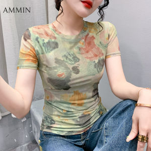 กระเป๋าเสื้อยืดแขนสั้นเข้ารูปพิมพ์ลายแอบสแตรกสมุนไพรสำหรับผู้หญิง เสื้อเบลาส์ลำลองสะดวกสบายหรูหรา S-3XL