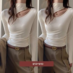 MiiOW | เสื้อยืดคอปกสูงครึ่งตัวสำหรับผู้หญิง แขนยาว ทรงสลิมฟิต อบอุ่น ฤดูใบไม้ร่วง/ฤดูหนาว เสื้อชั้นใน เสื้อผ้าทำงาน สีพื้น