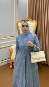 Gamis Kondangan Mewah Elegan Zallia Dres Ceruty Babydoll Mix Brukat Aplikasi Payet M L XL XXL 3XL Dress Set Outer Brokat Baju Muslim Seragaman Pernikahan Warna Blue Hitam Putih Milo Mocca Army