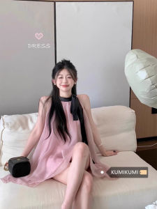 ชุดเดรสคอวีแขนกุดผ้าชีฟองสั้นสีชมพูหวานๆ สำหรับผู้หญิงในฤดูร้อน ชุดเดรสยาวปานกลางสไตล์เกาหลีสั้นๆ สำหรับสาวๆ