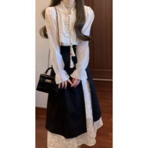 Elegant Chinese Style Shirt Skirt Set Comfortable Cotton Long Sleeve Polo Top mid Waist Long Skirt Autumn Fashion Womens Outfit