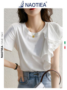 NAOTIEA Summer New Womens T-shirt Irregular Hem Short Sleeve Boat Sailing Style Casual Cotton round Neck Top Fashionable
