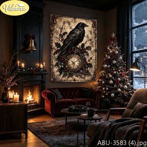 VIKAMA Macabre Santa Skeleton Hot Cocoa Armchair Wall Tapestry Noir Victorian Cozy Winter Festive Room Home Decor Artistic Gift