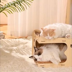 Cat Scratch Board Cat Nest Integrated Wooden Upright Double-Layer Stacked Corrugated Paper Cat House Scratch-Resistant