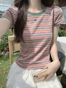 Mint Wave Color Block Stripe T-Shirt Summer New Style Fresh Versatile Short Sleeve Loose Commuting Top Womens Cotton round Neck