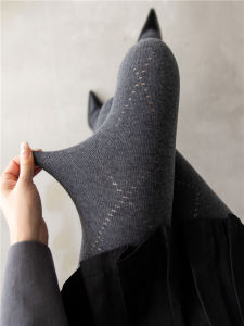 Gray Cashmere Thickened Womens Leggings Autumn Winter Warm White Silk Stockings Retro Diamond Grid Base Layer Pants