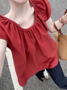 สไตล์เกาหลี เสื้อเชิ้ตแขนฟอง ผู้หญิง หลวม ตุ๊กตาผูกหลังคอกลมยาวปานกลาง เสื้อท่อนบน เสื้อผ้าส่วนบนที่กําหนดอายุสีบริสุทธิ์