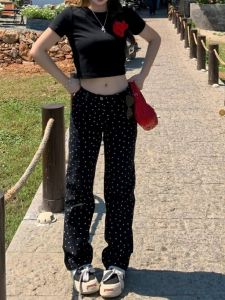 ย้อนยุค สีดำ Polka Dot High เอว Drapey ขาตรง เดนิม กางเกงยีนส์ ผู้หญิง ฤดูใบไม้ผลิ ฤดูร้อน ใหม่ หลวม พรางหุ่น กางเกงขากว้าง