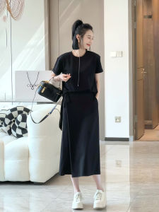 Summer French Simple Fashion Versatile Slimming Anti-Aging Short Sleeve T-Shirt High Waist Belted Mini Skirt Two-Piece Set