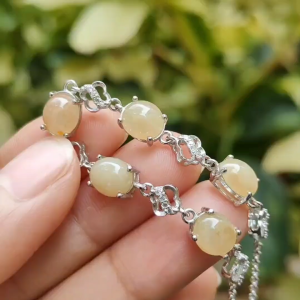 5 Good size Quality Brownish Yellow Cabochons crafted on Natural Type A Jadeite Jade set on S925 as Bracelet certificate weighs 5.43 grams (s925b3)