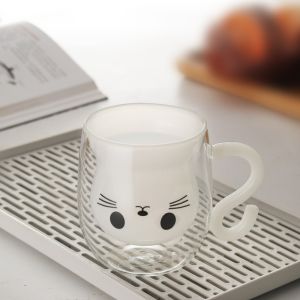JUSTINLAU | JUSTINLAU 250ml Cat Mugs High Borosilicate Glass Double Vacuum Cute Coffee/tea Cup with Handle Cold and Heat Resistant Milk Mug