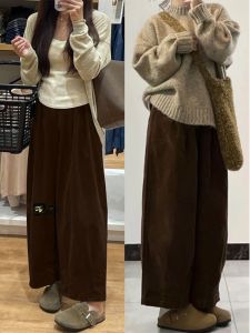 Caramel Color Corduroy Wide Leg Pants Womens plus Size Autumn Slimming Pants High Waist Korean Style Casual Trousers