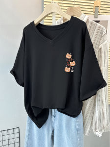 Summer New Casual Loose Cotton Short Sleeve T-shirt Black V-neck