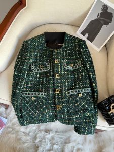 ลึก สีเขียว เฮฟวี่เวท ผ้าทวีด เสื้อแจ็คเก็ต ผู้หญิง ฤดูใบไม้ร่วง ฤดูหนาว สไตล์ใหม่พร็อพคอกลมปุ่มเดียวแขนยาวพอดีปกติ
