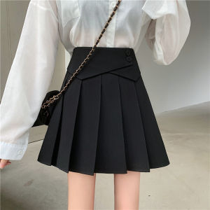 Black A-Line Mini Skirt with Pleats Anti-Light Walking plus Size Womens Polyester Fabric High Waist Pure Color Spring 2024