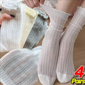 ถุงเท้าลำลองบัลเล่ต์สำหรับผู้หญิง4คู่ถุงเท้าทรงท่อกลางฤดูร้อนน้ำหนักเบาระบายอากาศได้ขอบลอนแฟชั่น