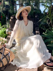 French Style White Dress Womens Spring 2025 New Elegant Gentle Fairy Tale Folded Beautiful Fairy Long Dress Casual High Waist A-Line Skirt Long Sleeve V-Neck City Walk