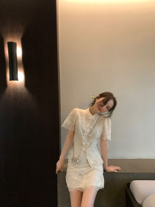 New Chinese Style Lace Series Heavy Embroidery Short Sleeve V-neck Qipao Skirt Traditional Fashion Womens Clothing Set
