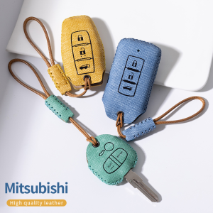 Denim Grain Leather Smart Car Key Fob Cover Case Chain Remote Shell Holder Full Protection Bag Keychain For Mitsubishi Lancer ASX Mirage G4 Attrage Xpander Cross Outlander Pajero Montero Sport Strada Triton L200 Galant