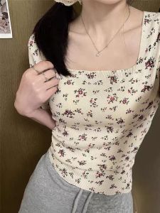 Chic Short Sleeve Floral Print Square Neck Knitted T-Shirt Womens Stylish Sweet Short Length Versatile Korean Style Top