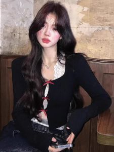 Áo Khoác Cardigan Dài Tay Phong Cách Hàn Quốc Ngọt Ngào Gợi Cảm Thiết Kế Ren Áo Thun Nữ Mùa Thu Áo Thun Cổ Tròn Tay Dài Chất Liệu Cotton