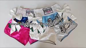 Muay Thai Shorts Men Women Kids Kickboxing Boxing MMA Fight Trunks Bow Ribbon Premium Thai Boxing Training Clothing White Blue
