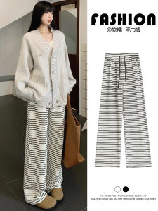 Tall Womens Black White Stripes Loose Wide Leg Pants Spring Autumn Casual Towel Pants mid High Waist Elastic Waistband