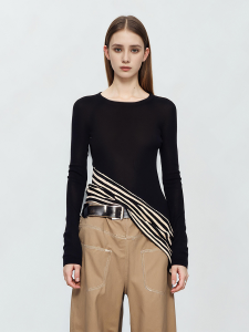 Womens Slim Fit Long Sleeve T-Shirt Patchwork Asymmetrical Side Slit Mid-Length Base Shirt Spring New Style Casual Top