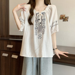 Vintage Ethnic Embroidered Short Sleeve Cotton Shirt for Plus Size Women Loose Fit Casual Summer Apparel with Stereo Clipping