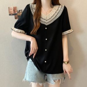 AIYITI | Ruffle Hem Short Sleeve Shirt for Plus Size Women Slimming and Tummy Concealing Chiffon Blouse