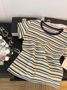 Women Contrast Round Neck Striped Short Sleeve T‑Shirt Soft Casual Summer Basic Tee Top