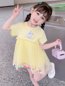 Sweet Princess Dress Childrens Mesh Puffy Gown Girls Dress Summer Fashionable Cotton Blend Fabric Pure Color Short Sleeve