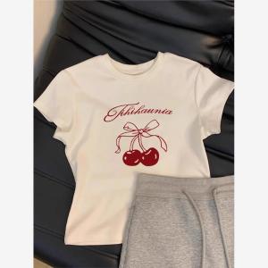 Áo Thun Nữ Tay Ngắn Cổ Tròn Ôm Vừa Vặn Mùa Hè in Họa Tiết Trái Cây Và Bướm Thời Trang Giảm Tuổi