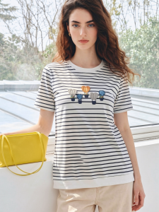 Basic House | Stripe Embroidery Short Sleeve T-shirt Round Neck