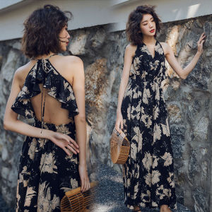 ชุดเดรสยาวคอวีแขนกุดเอวสูงสไตล์โบฮีเมียนสำหรับผู้หญิงในช่วงฤดูร้อน ชุดเดรสยาวชายหาดสไตล์ชาติพันธุ์ ชุดเดรสเกาะอกสำหรับการท่องเที่ยวในฤดูร้อน