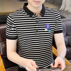 HENGYUANXIANG | Hengyuanxiang Mens Short Sleeve Polo Shirt Casual Striped Business Dad Clothes Summer Fashion Urban Standard Fit Button Detail