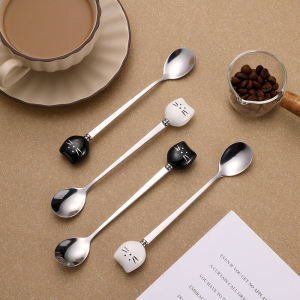 Creative Cute Ceramic Cat Stainless Steel Coffee Spoon Dessert Stirring Spoon Mug Long Handle Cartoon Meow Spoon