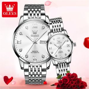 OLEVS Couple Watch Automatic Mechanical Movement: Casual Stainless Steel Strap Diamond Dial Sapphire Mirror Gift Lover
